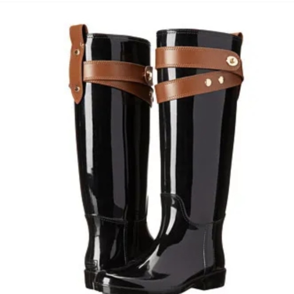 COACH Talia Knee High Waterproof Rain Boots Black Womens Rubber Buckle Sz 5